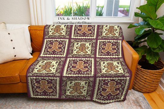 Woven Blanket - Whimsigothic Folk Art Gingerbread Festive Fairycore Holiday Decor