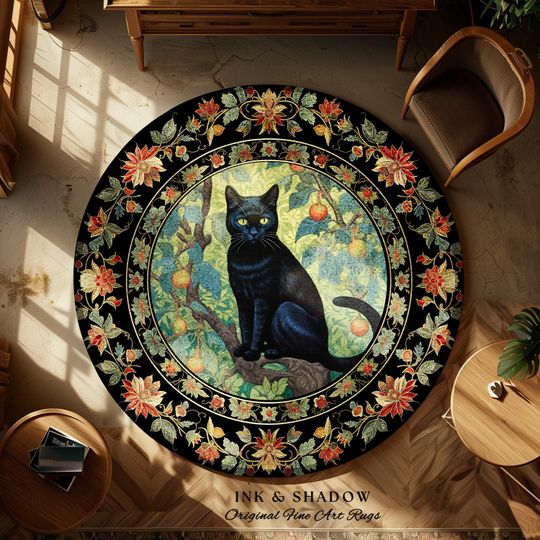 Dark Academia Black Cat Rug | Floral Bedroom Decor William Morris Inspired Cottagecore Reading Corner Rug Dark Fairycore Room Dark Woodland