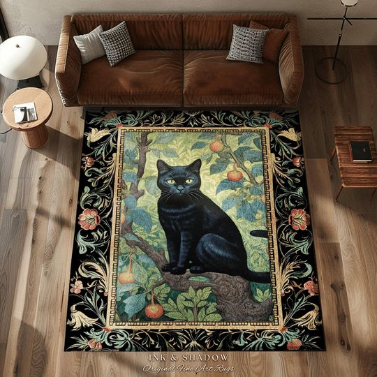 Dark Academia Black Cat Rug | Floral Bedroom Decor William Morris Inspired Cottagecore Reading Corner Rug Dark Fairycore Room Dark Woodland