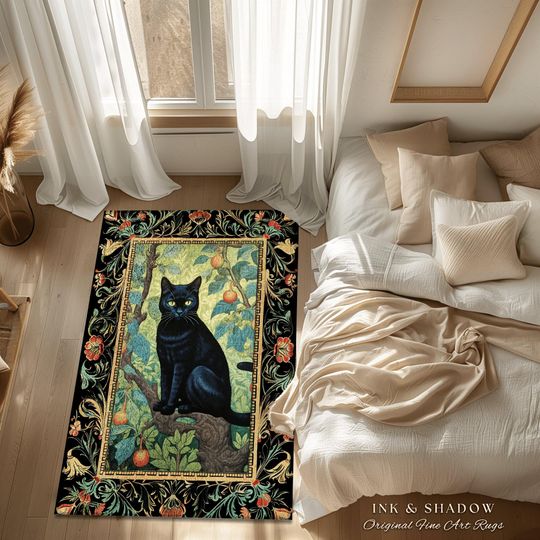 Dark Academia Black Cat Rug | Floral Bedroom Decor William Morris Inspired Cottagecore Reading Corner Rug Dark Fairycore Room Dark Woodland