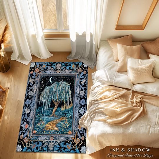 Crescent Moon Medieval Forest Rug | Weeping Willow Tree Fairytale Castle Garden Folklore Decor Celestial Home Accent Witchcore Aesthetic