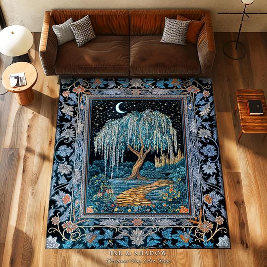Crescent Moon Medieval Forest Rug | Weeping Willow Tree Fairytale Castle Garden Folklore Decor Celestial Home Accent Witchcore Aesthetic