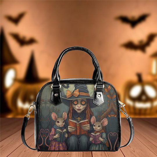 Whimsical Halloween Purse Satchel fun cute mice reading a book satchel messenger purse tote fun cute black shoulder handbag