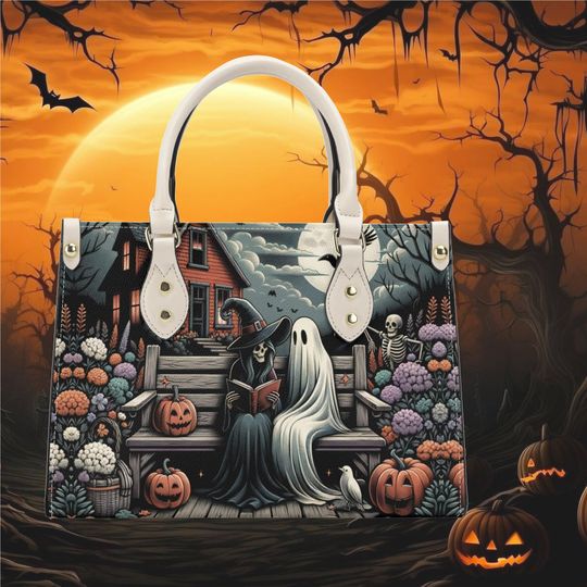 Halloween witch and a ghost reading a book haunted house pumpkin witchy forest whimsical design  shoulder tote purse Vegan leather No strap