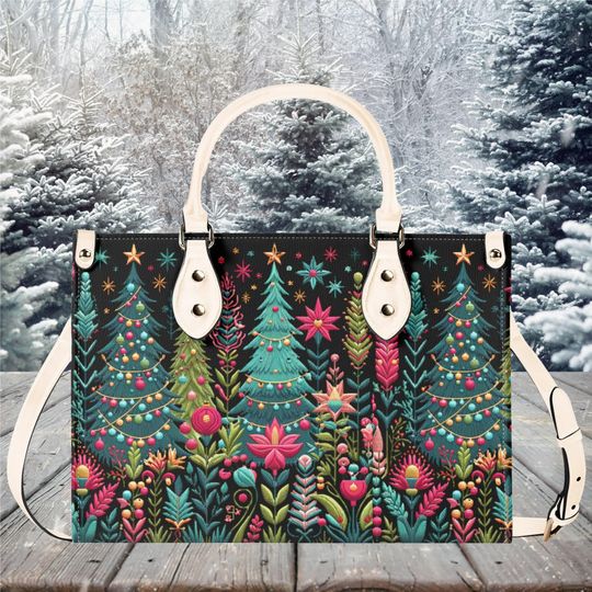 Luxury Women leather Handbag tote beautiful hobo pastel colors Christmas Holiday Christmas Tree winter