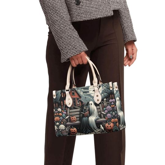Halloween witch and a ghost reading a book haunted house pumpkin witchy forest whimsical design  shoulder tote purse Vegan leather No strap