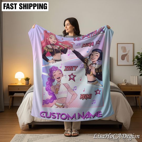 Personalized Huntrix Kpop Demon Hunter Era Blanket with Name, Custom Huntrix Blanket, Anime Blanket, Christmas Family Gift, Kpop Fun Gift