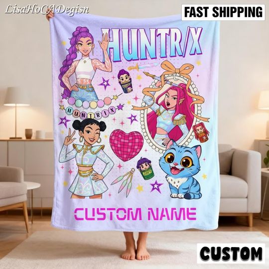 Personalized K-pop Demon Hunters Fleece Blanket with Name, Custom Huntrix, Anime-Inspired, Christmas Family Gift