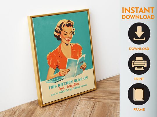 Retro Kitchen Wall Art, 50s Style Cooking Quote Poster