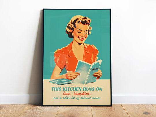 Retro Kitchen Wall Art, 50s Style Cooking Quote Poster