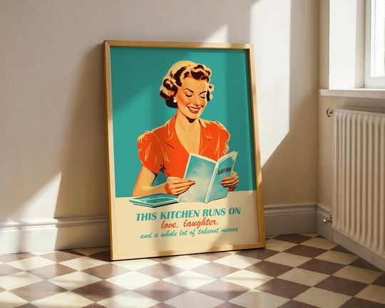 Retro Kitchen Wall Art, 50s Style Cooking Quote Poster