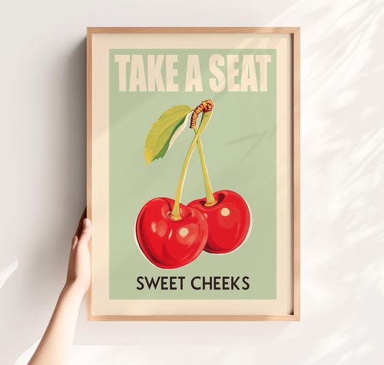 Funny Bathroom Art Take a Seat Sweet Cheeks Cherry Pun Poster Retro Fruit Wall Decor for Kitchen or Toilet