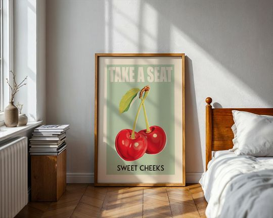 Funny Bathroom Art Take a Seat Sweet Cheeks Cherry Pun Poster Retro Fruit Wall Decor for Kitchen or Toilet