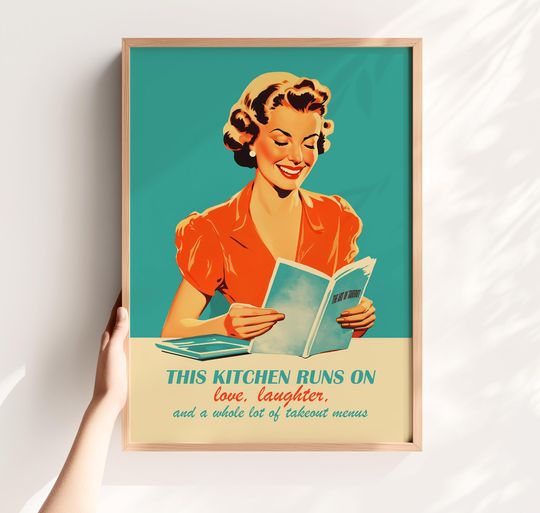 Retro Kitchen Wall Art, 50s Style Cooking Quote Poster