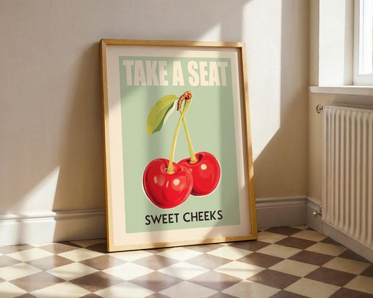 Funny Bathroom Art Take a Seat Sweet Cheeks Cherry Pun Poster Retro Fruit Wall Decor for Kitchen or Toilet