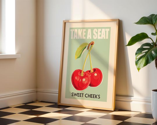 Funny Bathroom Art Take a Seat Sweet Cheeks Cherry Pun Poster Retro Fruit Wall Decor for Kitchen or Toilet