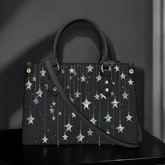 Falling Stars PU Leather Hand Bag, Cottagecore witch Trendy Fashion Handbag, Dark academia Vegan Leather Handbag Gift Black Halloween Purse