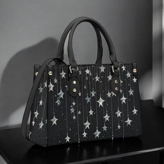Falling Stars PU Leather Hand Bag, Cottagecore witch Trendy Fashion Handbag, Dark academia Vegan Leather Handbag Gift Black Halloween Purse