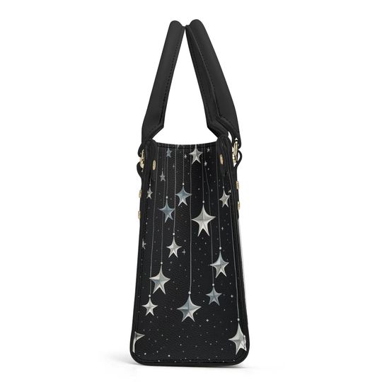 Falling Stars PU Leather Hand Bag, Cottagecore witch Trendy Fashion Handbag, Dark academia Vegan Leather Handbag Gift Black Halloween Purse
