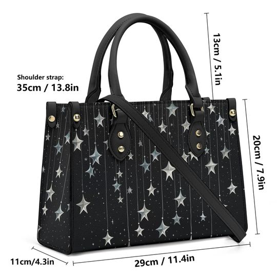 Falling Stars PU Leather Hand Bag, Cottagecore witch Trendy Fashion Handbag, Dark academia Vegan Leather Handbag Gift Black Halloween Purse
