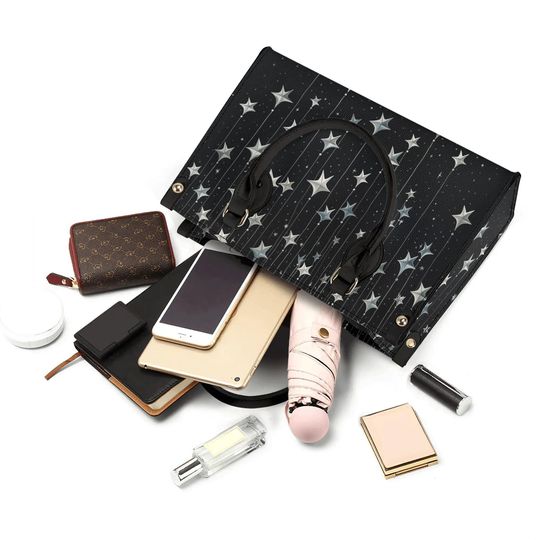 Falling Stars PU Leather Hand Bag, Cottagecore witch Trendy Fashion Handbag, Dark academia Vegan Leather Handbag Gift Black Halloween Purse