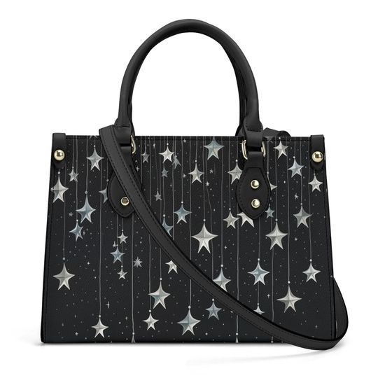 Falling Stars PU Leather Hand Bag, Cottagecore witch Trendy Fashion Handbag, Dark academia Vegan Leather Handbag Gift Black Halloween Purse