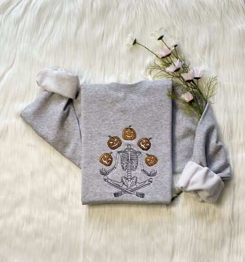 Halloween Meditation Skeleton Embroidered Sweatshirt | Throwing Pumpkin