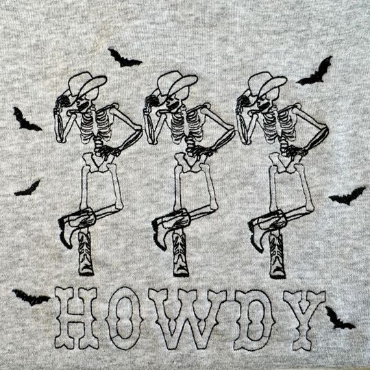 Howdy Skeleton Embroidered Sweatshirt,Embroidered Halloween Skeleton Sweatshirt