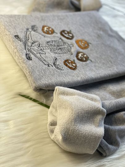 Halloween Meditation Skeleton Embroidered Sweatshirt | Throwing Pumpkin