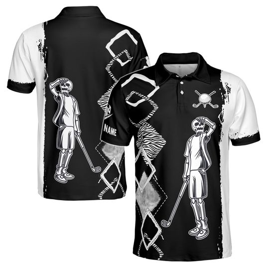 Custom Name Golf Skull Golfer Zebra Argyle Pattern Men's Polo