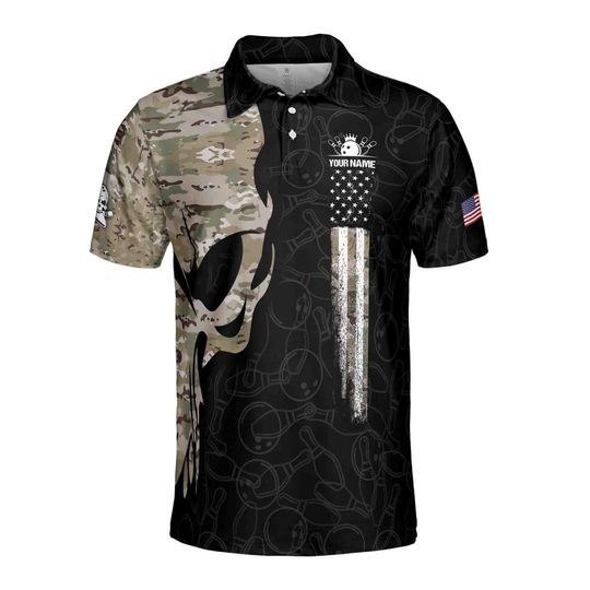 Funny Custom Name Team Name Skull Bowling Camo Men's Polo Shirt