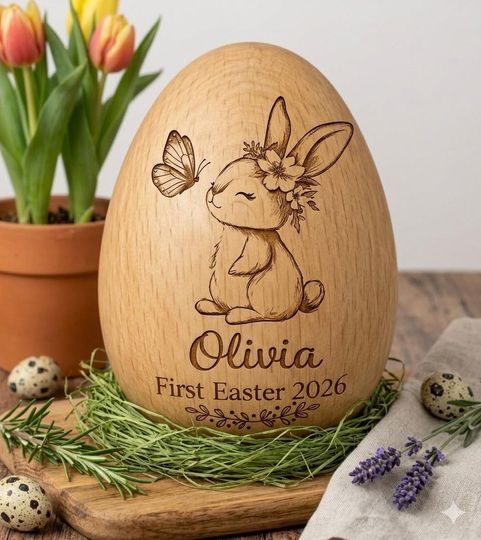 Personalized Wooden Easter Egg Keepsake, First Easter 2026 Bunny Engraving