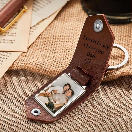 Personalized Mens Leather Keychain with Photo,Metal Tag Photo Keychain