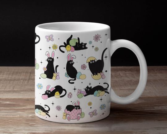Black Cat Easter Mug, Coffee Mug Easter, Black Cat Coffee Mug, Gift Mug for Veterinarian, Funny Black Cat Mug