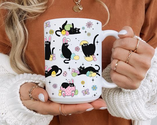 Black Cat Easter Mug, Coffee Mug Easter, Black Cat Coffee Mug, Gift Mug for Veterinarian, Funny Black Cat Mug