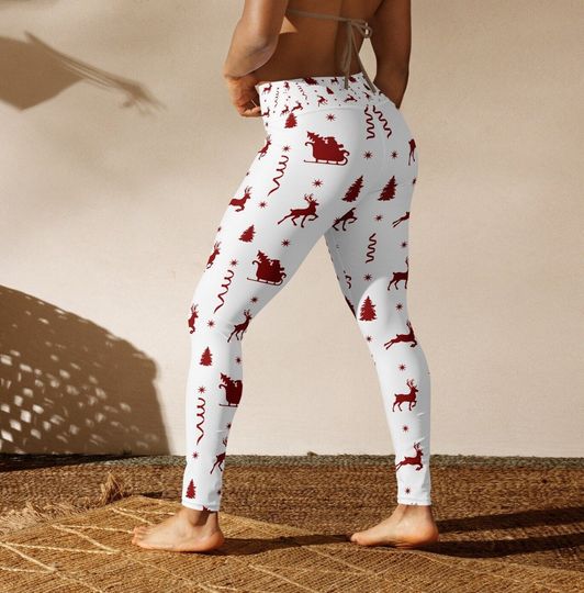 Christmas Leggings, Xmas Reindeer Santa Patterned Yoga Leggings, Super Soft and Comfortable Fall Winter Clothing