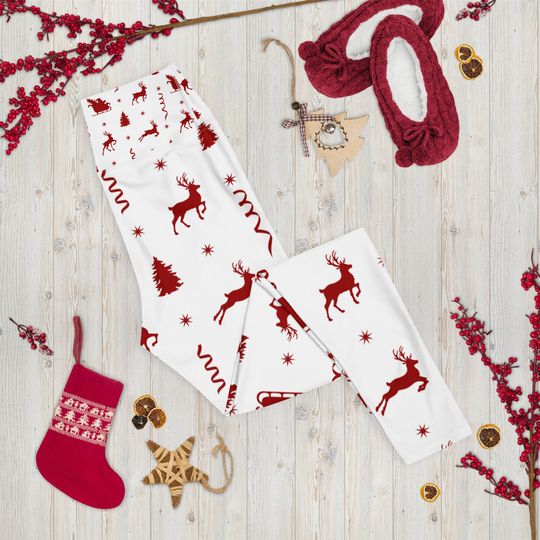 Christmas Leggings, Xmas Reindeer Santa Patterned Yoga Leggings, Super Soft and Comfortable Fall Winter Clothing