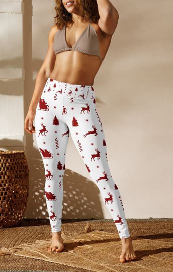 Christmas Leggings, Xmas Reindeer Santa Patterned Yoga Leggings, Super Soft and Comfortable Fall Winter Clothing