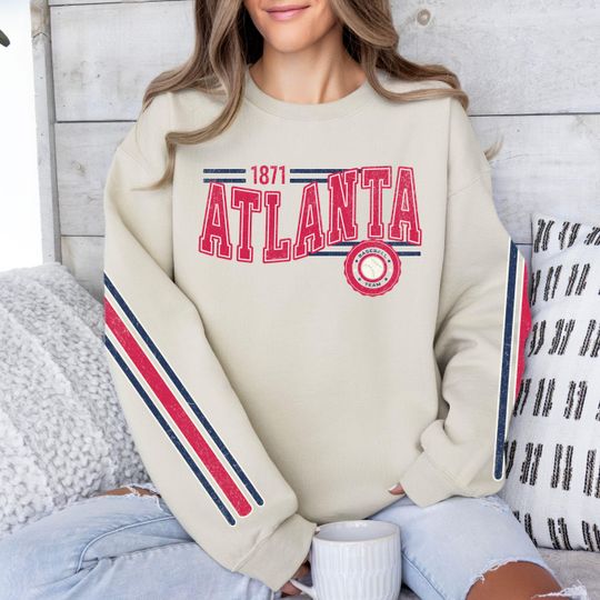Atlanta Baseball Vintage Retro Sweatshirt, Unisex Brave Sleeve Print Crewneck, Throwback Style Sweatshirt, Gift for Braves Baseball Fans