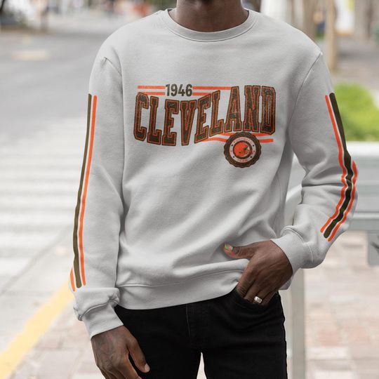 Cleveland Football Retro Crewneck Sweatshirt, Brown Retro Stripe Sleeve Sweatshirt, Cleveland Unisex Shirt, Game Day Shirt, Brown Fan Gift