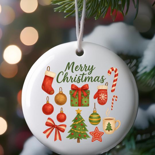 Merry Christmas Ceramic Ornament, Round Tree Decoration