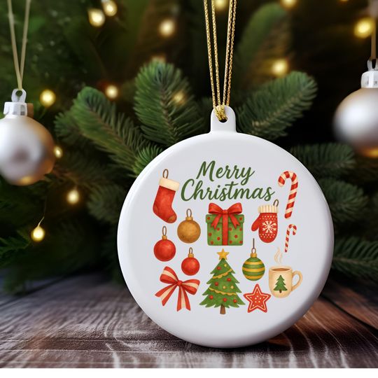Merry Christmas Ceramic Ornament, Round Tree Decoration