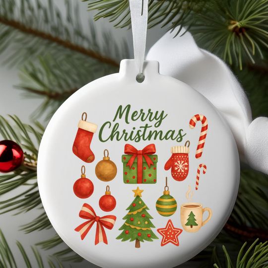 Merry Christmas Ceramic Ornament, Round Tree Decoration