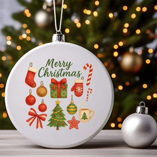 Merry Christmas Ceramic Ornament, Round Tree Decoration