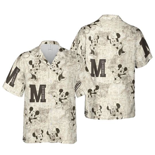 Mickey And Minnie Mouse Vintage Old Paper Hawaiian Shirt, Classic Disney Hawaiian Style Shirt, Disneyland Family Summer Trip Matching