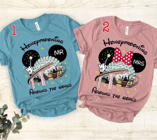 Personalized Epcot Honeymoon Couple Matching Comfort Colors Shirt, Disney Just Married Mr and Mrs Shirt, Wife And Husband Custom Shirts
