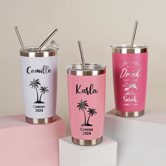 Personalized 20oz Vacation Tumbler, Custom Travel Mug, Girls trip gifts, Beach Tumbler, Stainless Steel Name Mug, Laser Engraved Tumbler