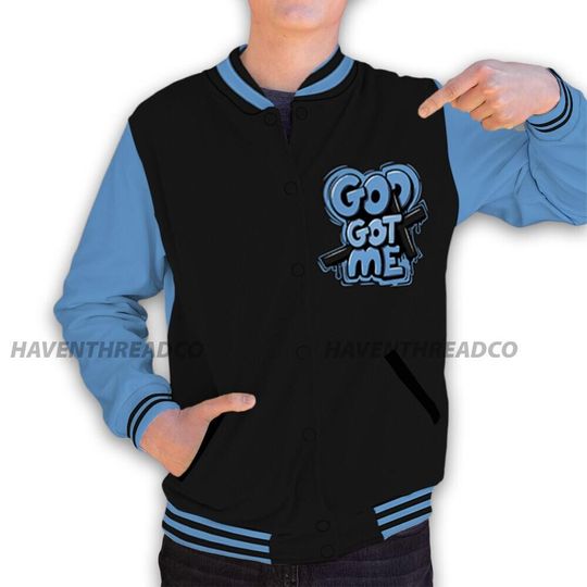 AM Plus Black Univercitii Blue Unisex Varsity Jacket, God Got Me Varsity Custom, Custom Baseball Jacket