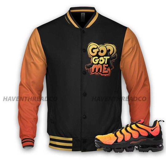 VaporMax Crimson Total Orange Plus Unisex Varsity Jacket, God Got Me Varsity Custom, Custom Baseball Jacket