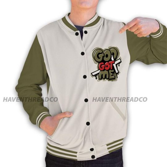 AJ 1 Medium Olive Unisex Varsity Jacket, God Got Me Varsity Custom, Custom Baseball Jacket